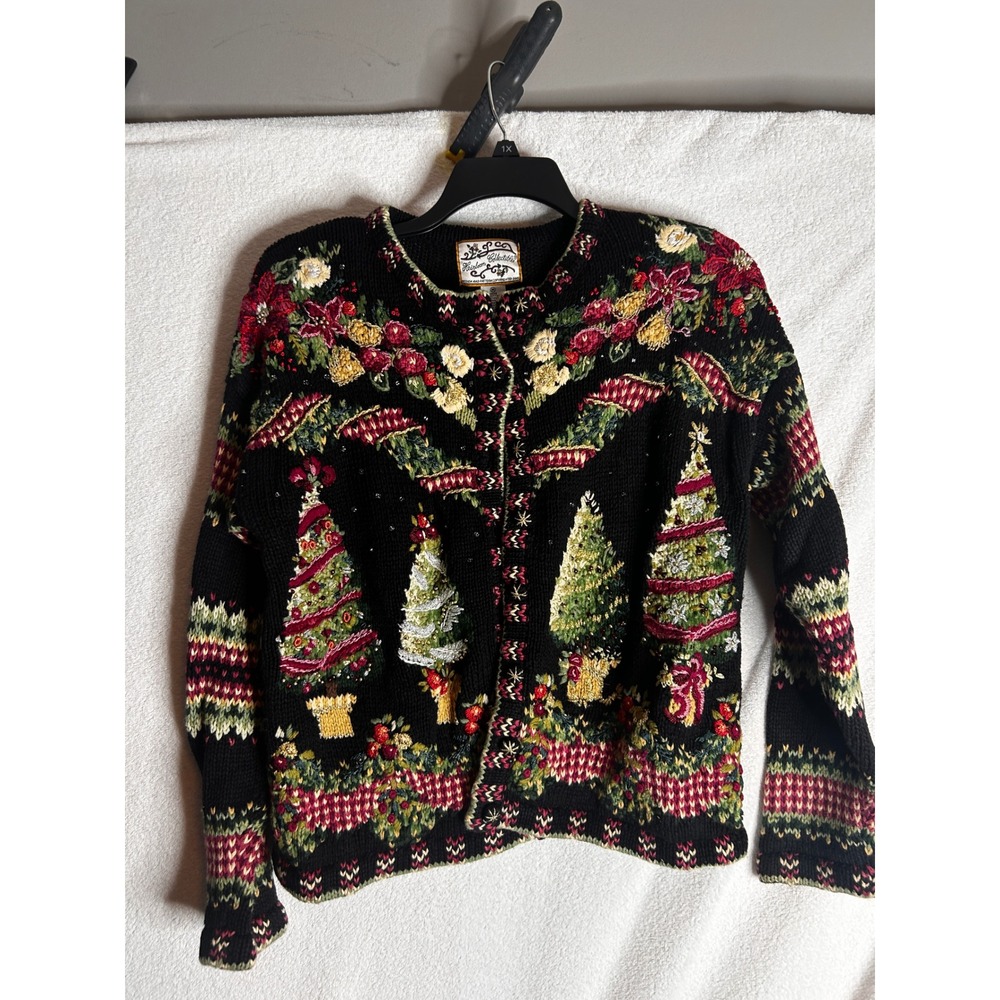 Heirloom Collectibles Christmas Cardigan Sweater Black Embroidered Trees Sequin
